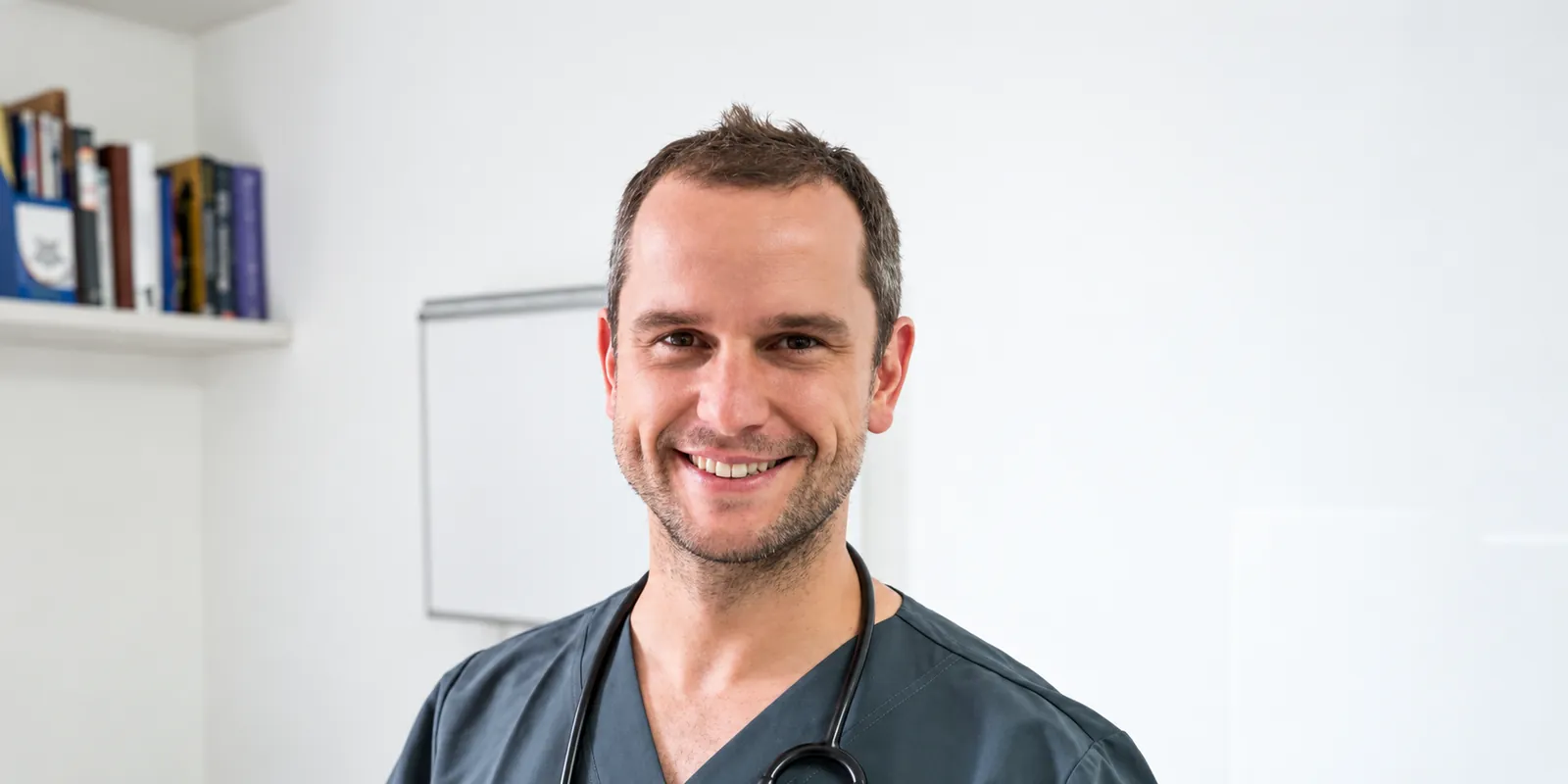 Smiling doctor in grey scrubs with a stethoscope