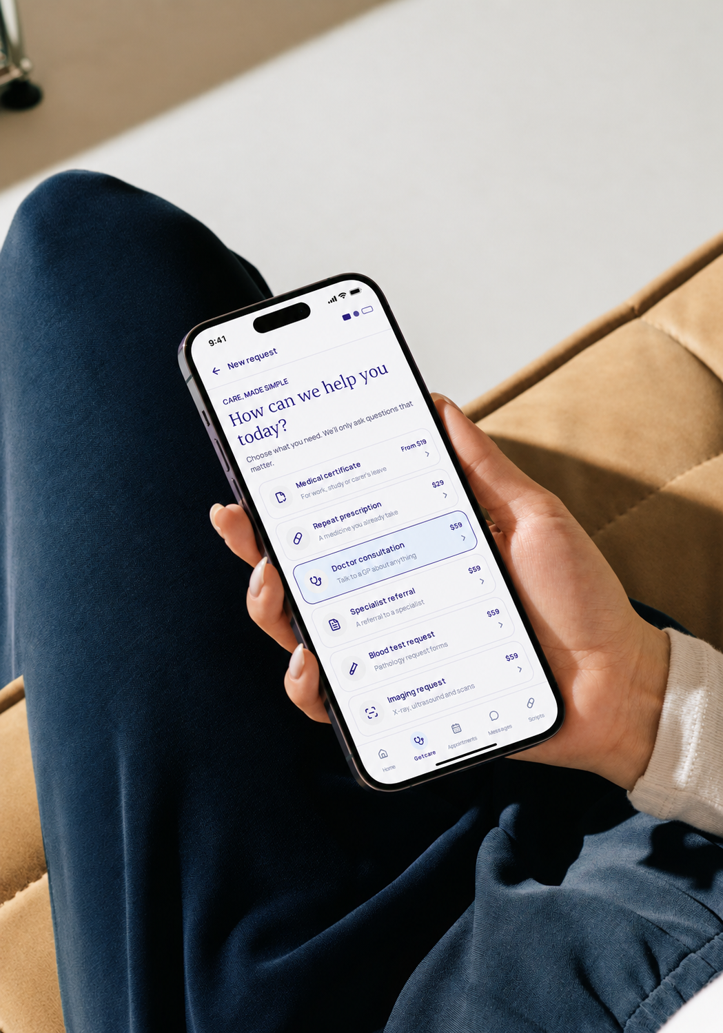Person holding a phone showing the Doccio care menu with services and prices